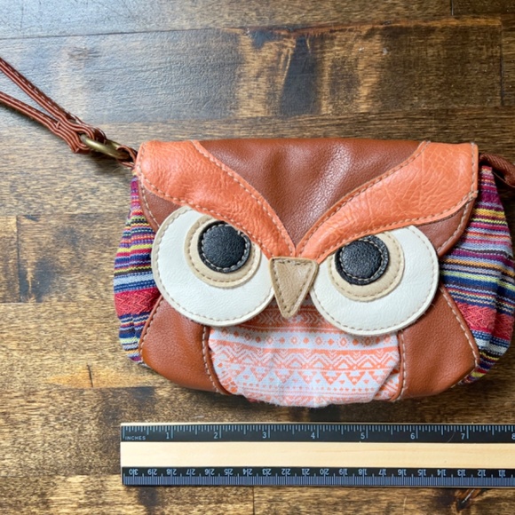 Owl Wristlet Canvas and Faux Leather Zip Snap Closure Inner Pocket Wallet Purse - Picture 8 of 9